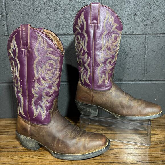 Justin Boots Other - Justin Stampede Purple Shaft Western Boots 9.5D Brown Leather Cowboy Square Toe